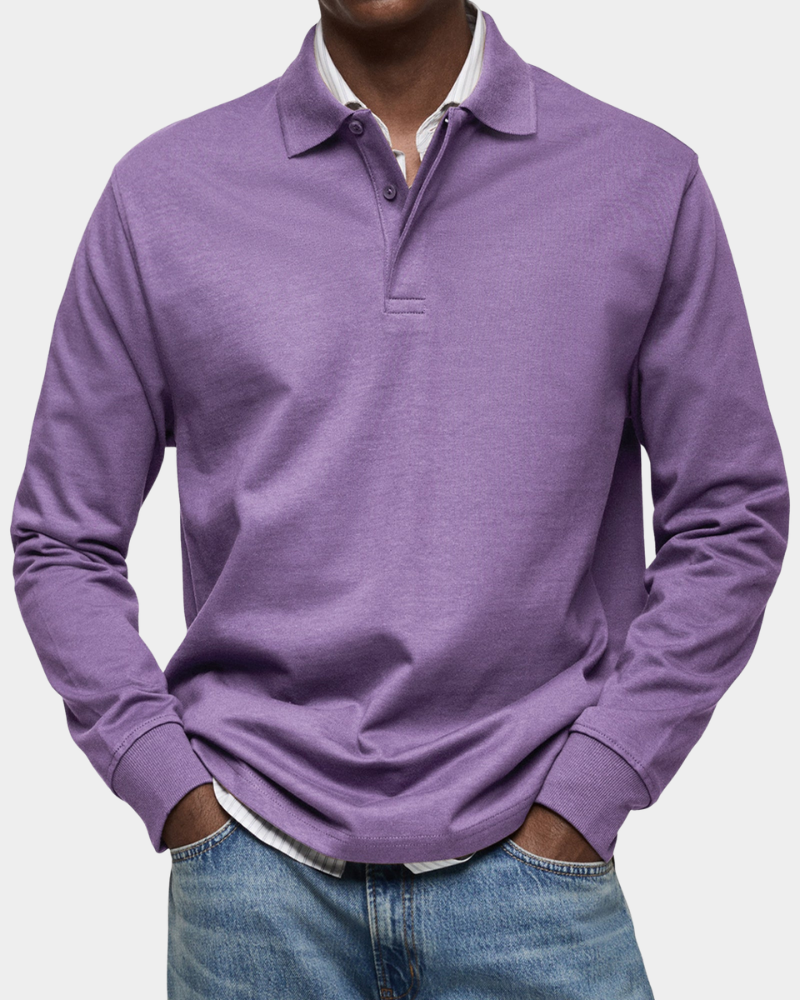 Men's purple long-sleeve polo shirt with button placket and ribbed collar