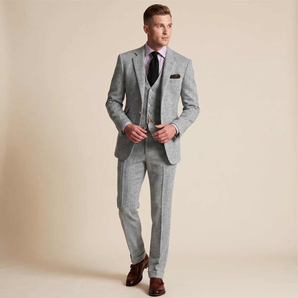Men's tailored three-piece tweed suit in light gray, with jacket, vest, and trousers