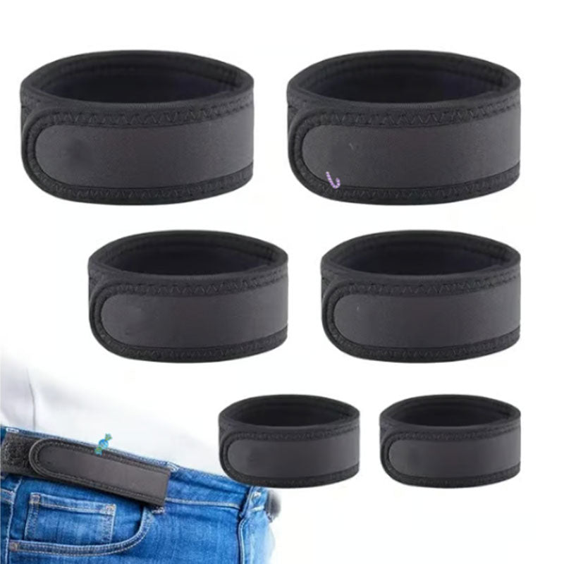 Pack of six black buckleless belts, flat padded no-buckle straps