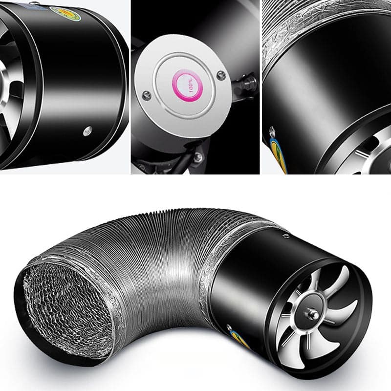 Black cylindrical exhaust fan with front grille, control panel, and fan housing detail