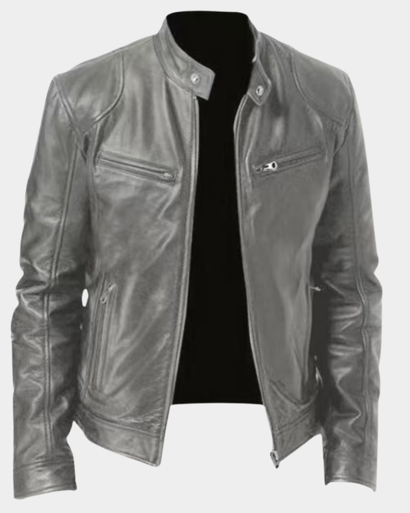 Gray leather rider jacket with stand collar, snap buttons, and zip front; zip chest pockets