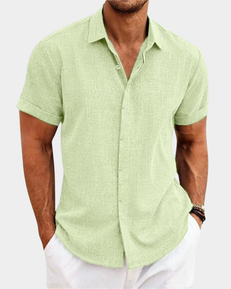 Men's mint green casual short-sleeve button-up shirt with pointed collar