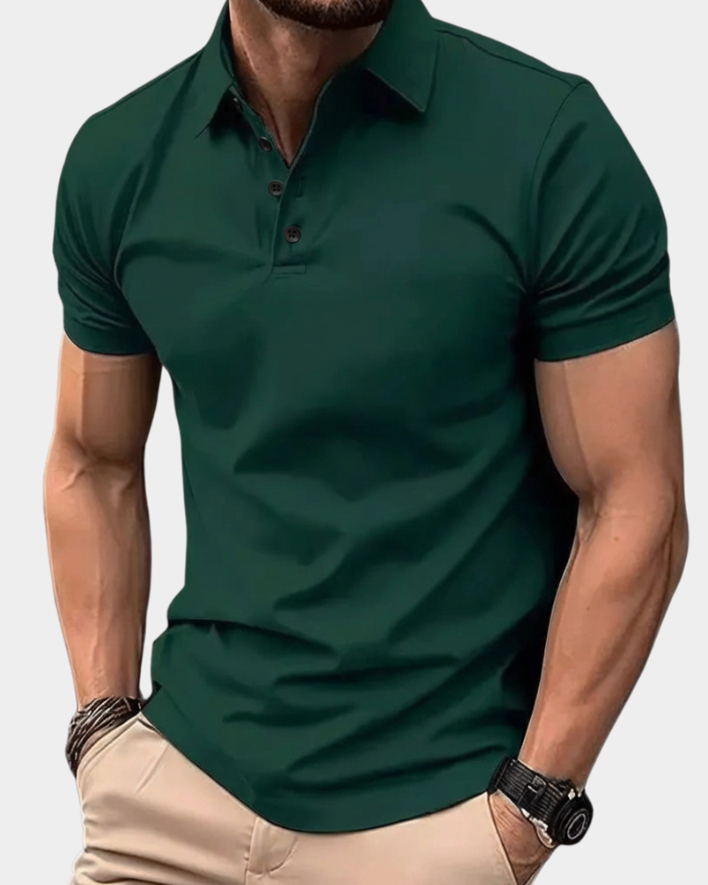 Army green solid polo shirt with short sleeves, button placket, and ribbed collar