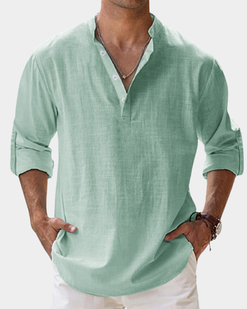 Green button-up casual shirt with V-neck and 3/4 sleeves, relaxed fit.