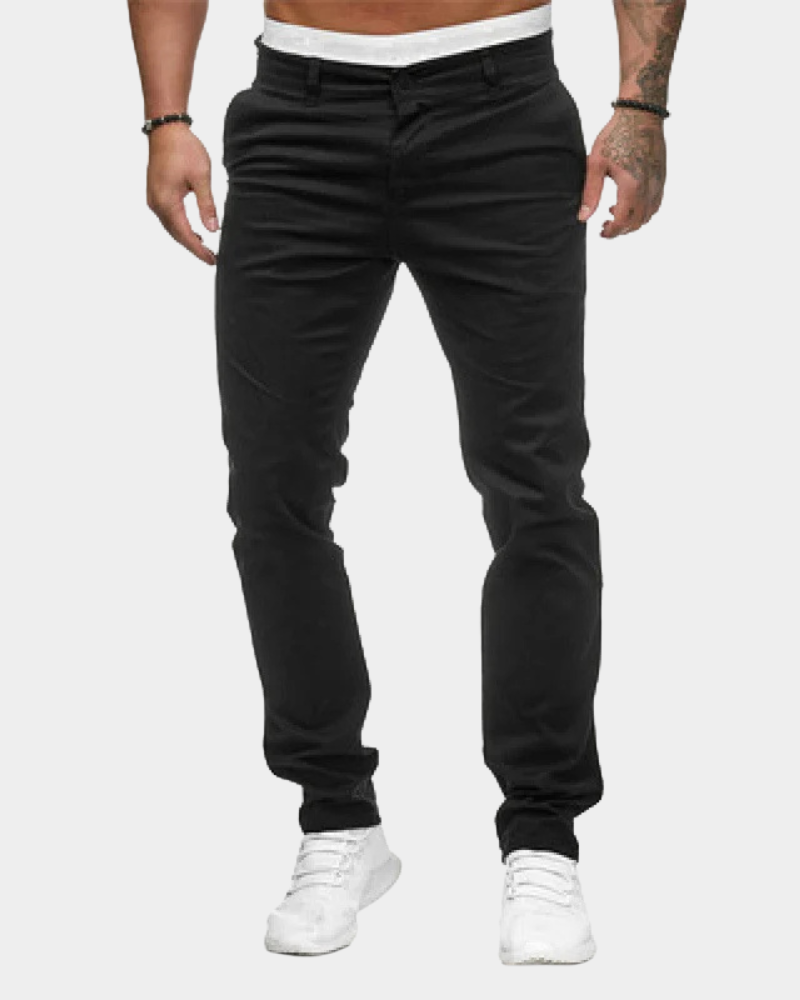 Black slim tapered chinos with front pockets and button closure