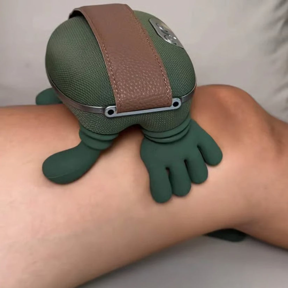 Green neck massager pressing on skin with brown strap and top control panel