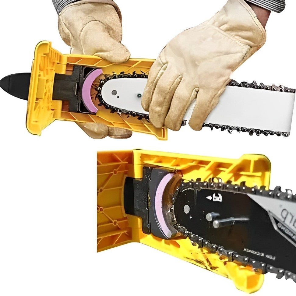 Chainsaw chain sharpener tool clamped to a chainsaw bar with purple grinding wheel
