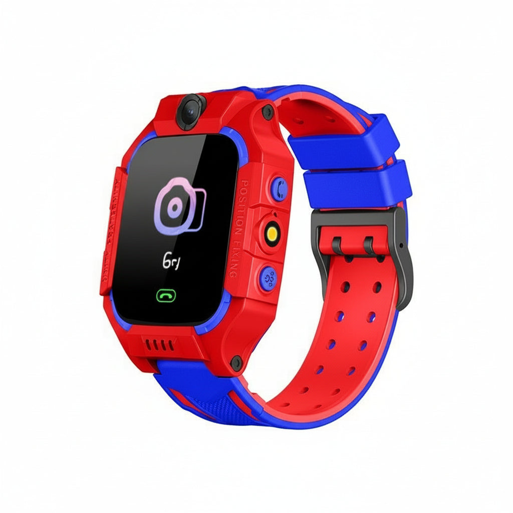 Kids GPS SOS smartwatch with red-and-blue strap and red case, close view of the watch body.