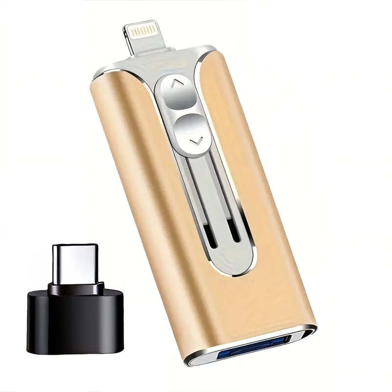 Gold 3-in-1 USB flash drive with Lightning connector and blue USB port