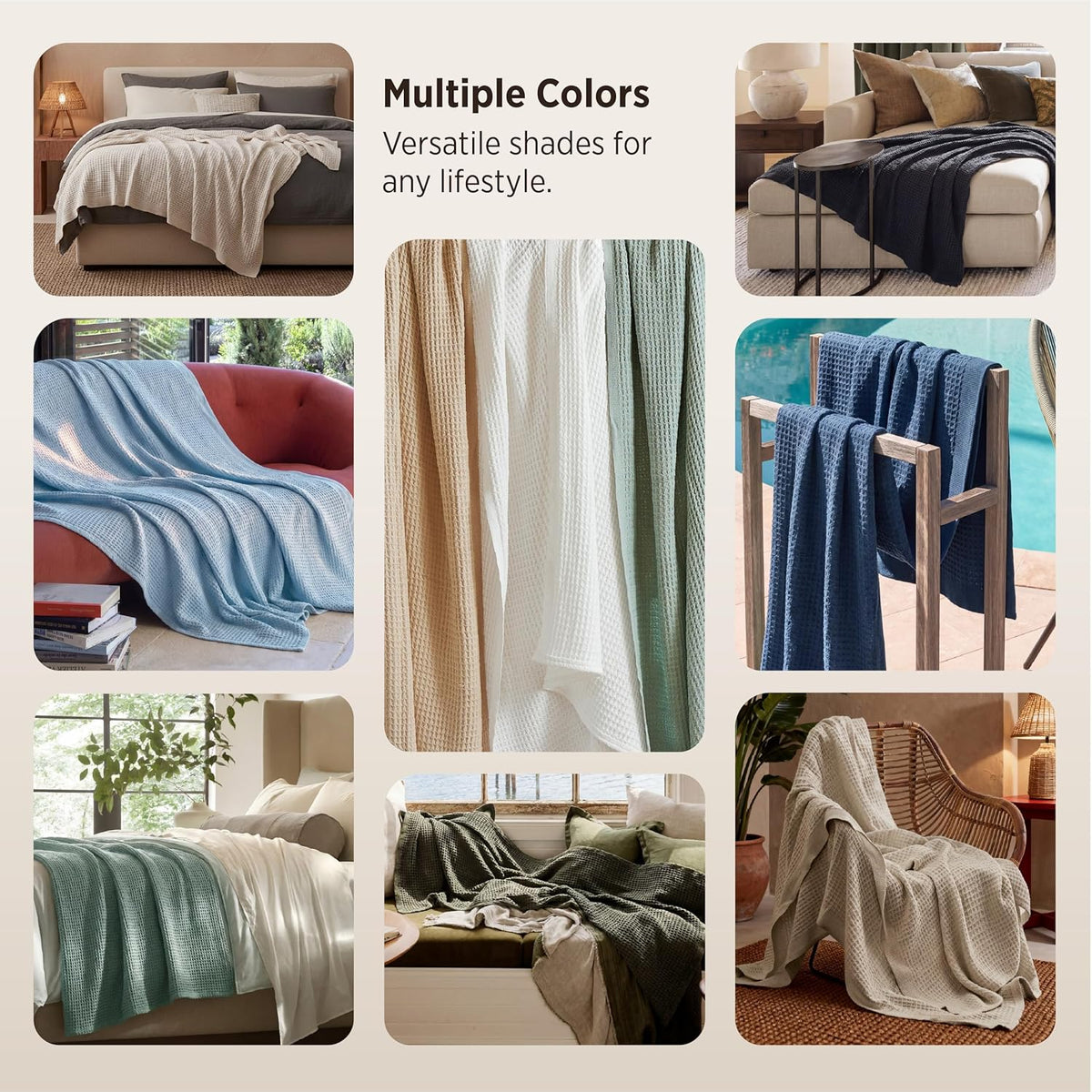 Cotton waffle-weave cooling blanket set, shown in multiple colors
