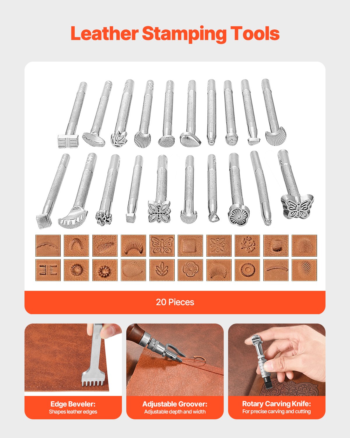 Leather stamping tools set with metal punches and handle styles arranged