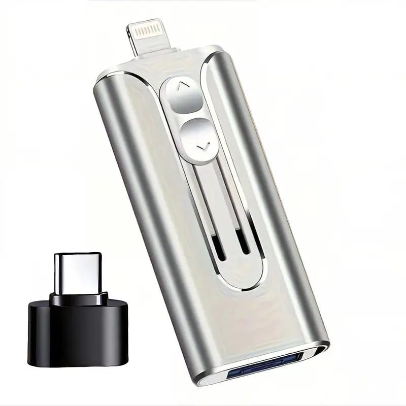 Silver 3-in-1 USB flash drive with Lightning connector and blue USB port