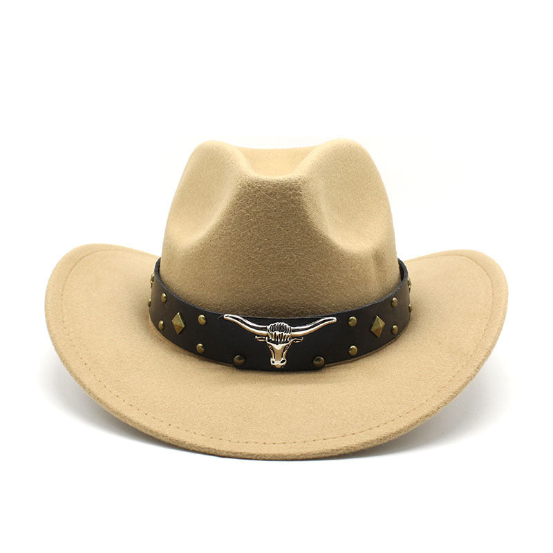 Camel western cowboy hat with studded band and silver bull head buckle detail