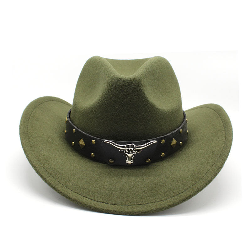 Army green western cowboy hat with studded band and silver bull head buckle detail