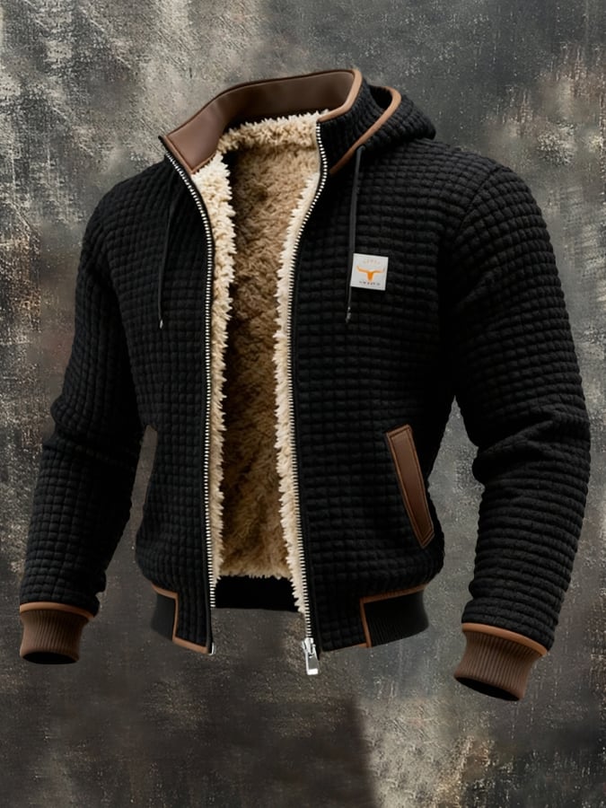 Men's quilted sherpa-lined jacket, black with tan lining, brown trim pockets, zip front