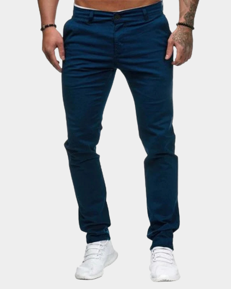 Navy blue slim tapered chinos with front pockets and button closure