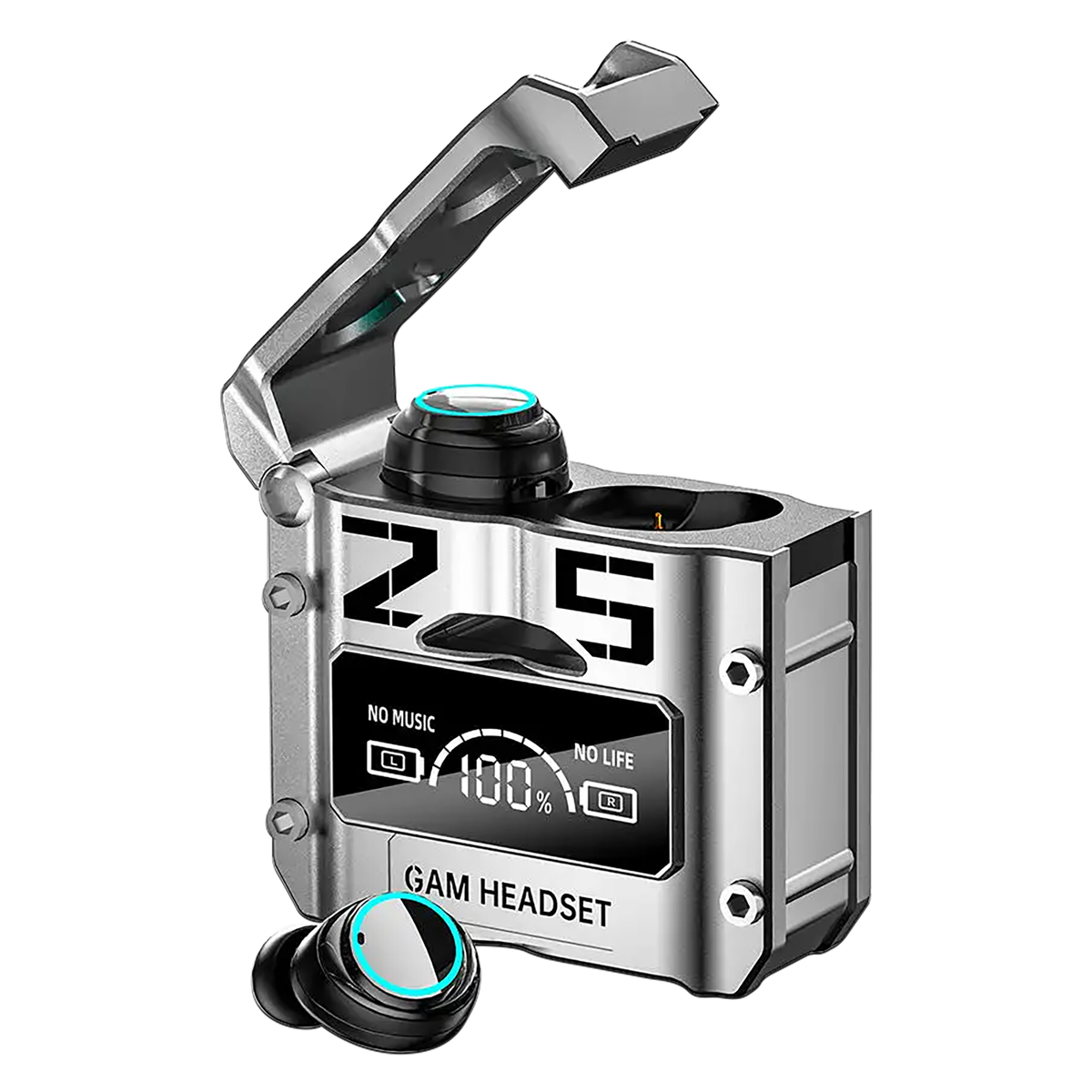 Silver charging case with open hatch and two black earbuds, front view