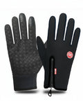 Pair of black touchscreen gloves with textured grip palms and padded knuckles.