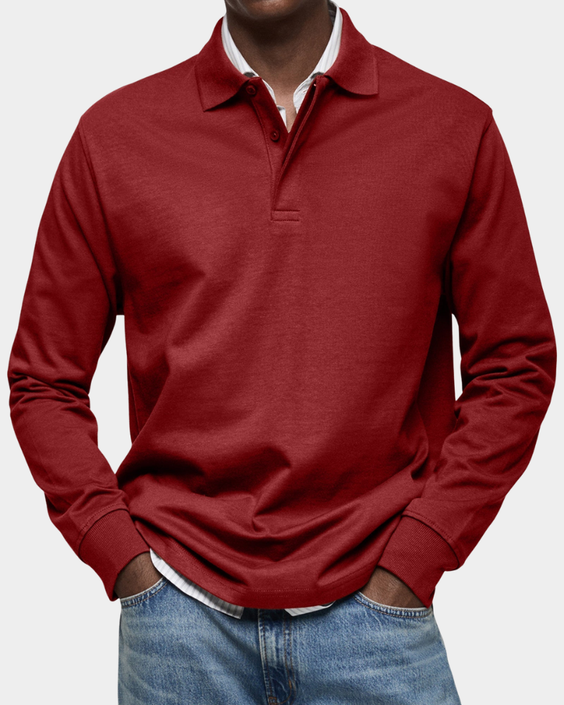 Men's red long-sleeve polo shirt with button placket and ribbed collar