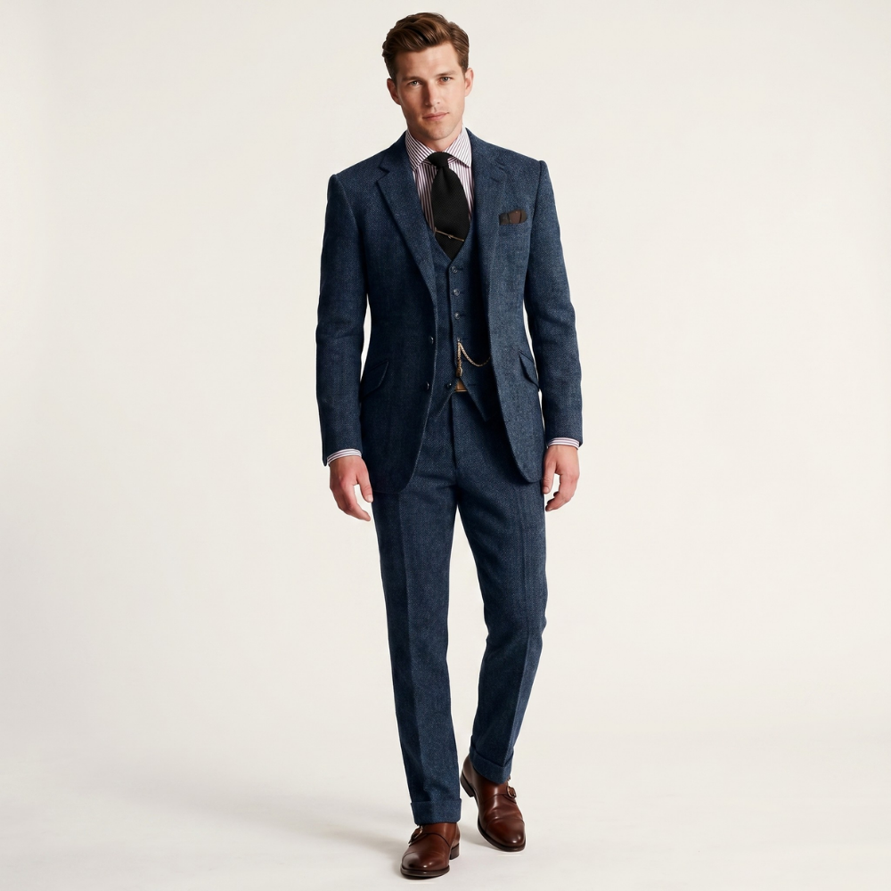 Men's tailored three-piece tweed suit in navy blue, with jacket, vest, and matching trousers