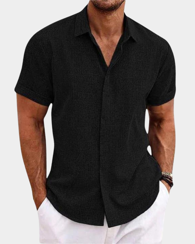 Men's black casual short-sleeve button-up shirt with pointed collar