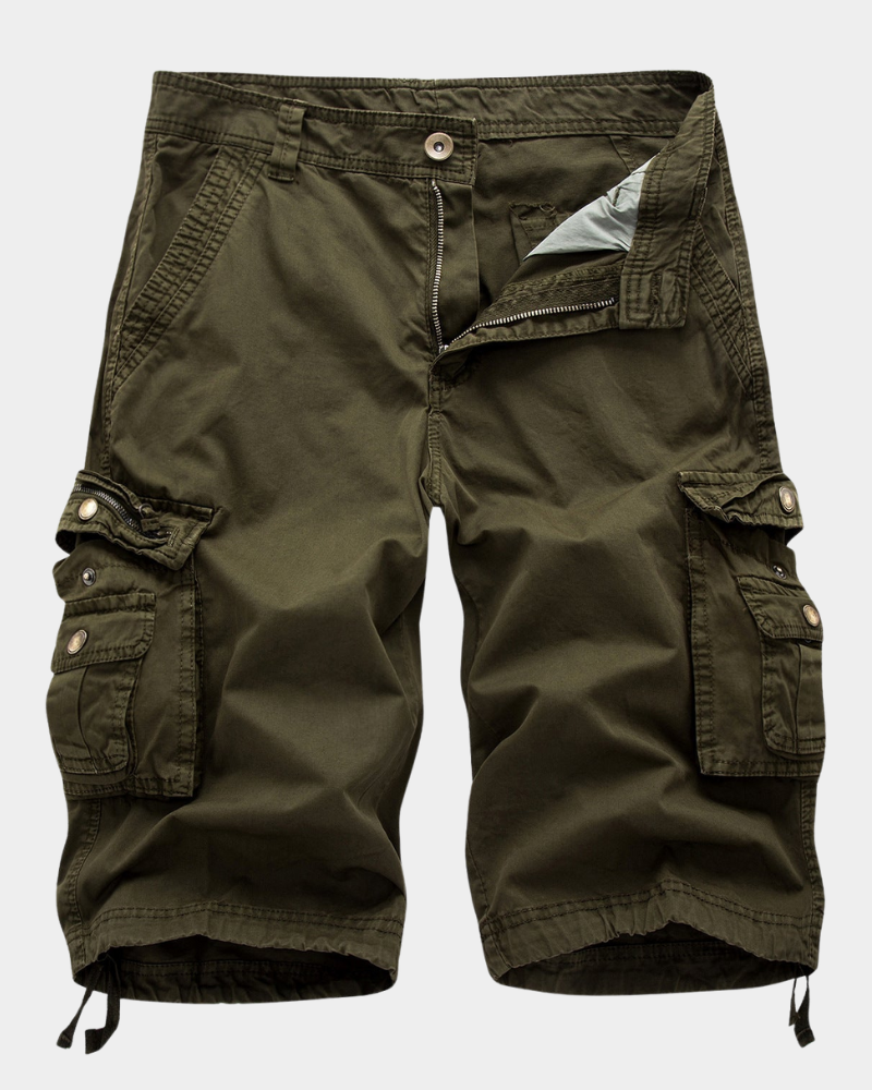 Men's cargo shorts in olive green with zip fly, button waist, and side cargo pockets