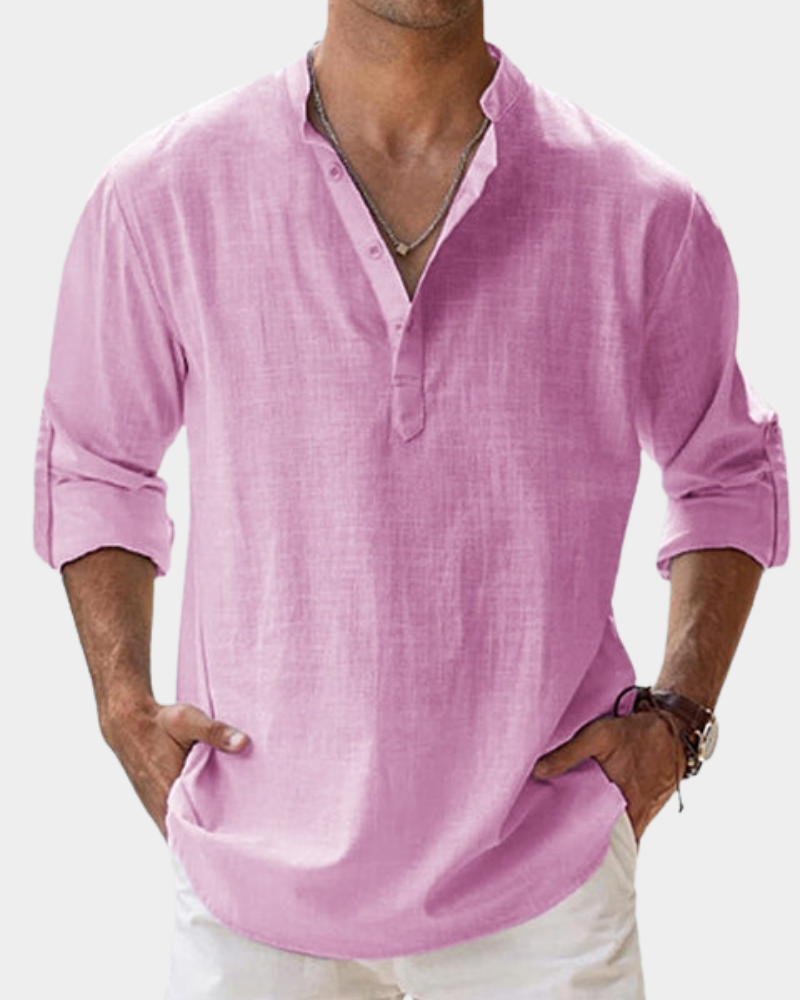 Light pink button-up casual shirt with V-neck and 3/4 sleeves, relaxed fit.