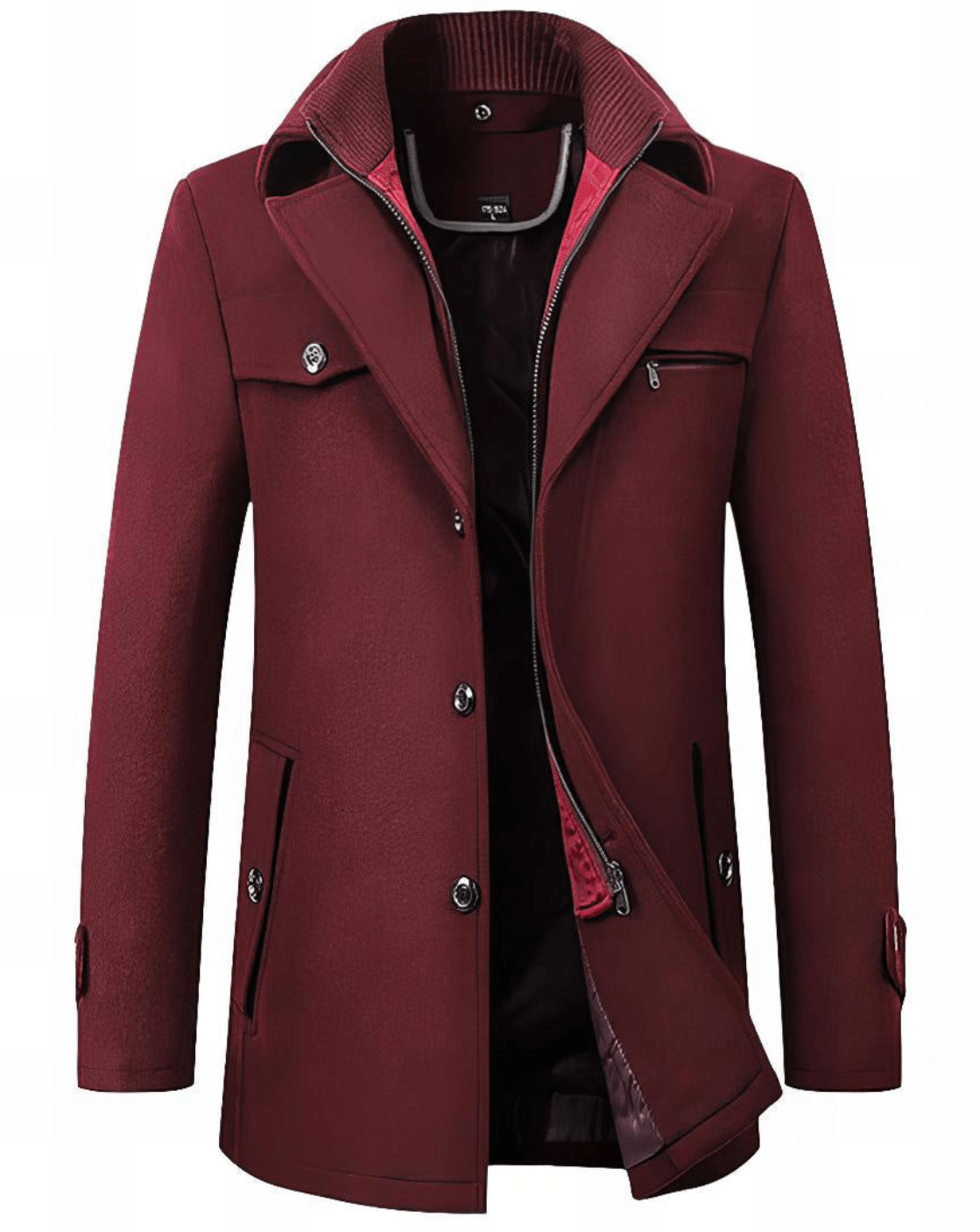 Men's tailored layered button coat, burgundy hood, asymmetrical button front