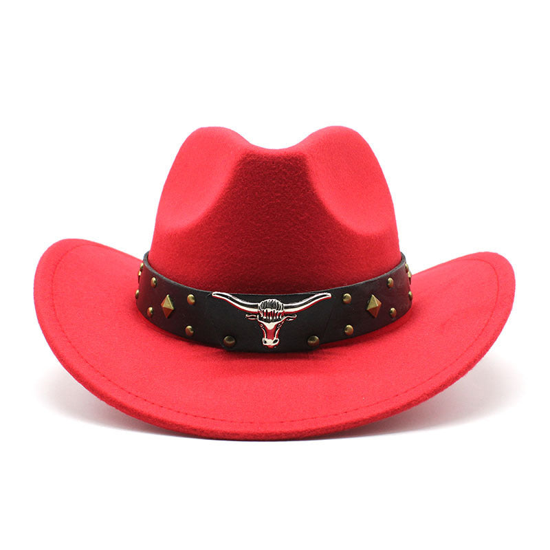 Red western cowboy hat with studded band and silver bull head buckle detail