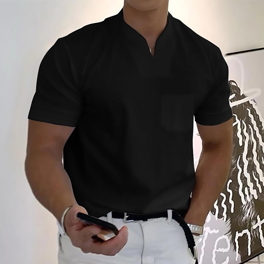 Men's short-sleeve mandarin collar shirt in black, chest pocket, front placket