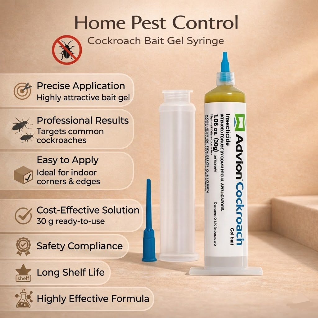 Cockroach bait gel syringe kit with clear cartridge and blue dispensing tip.