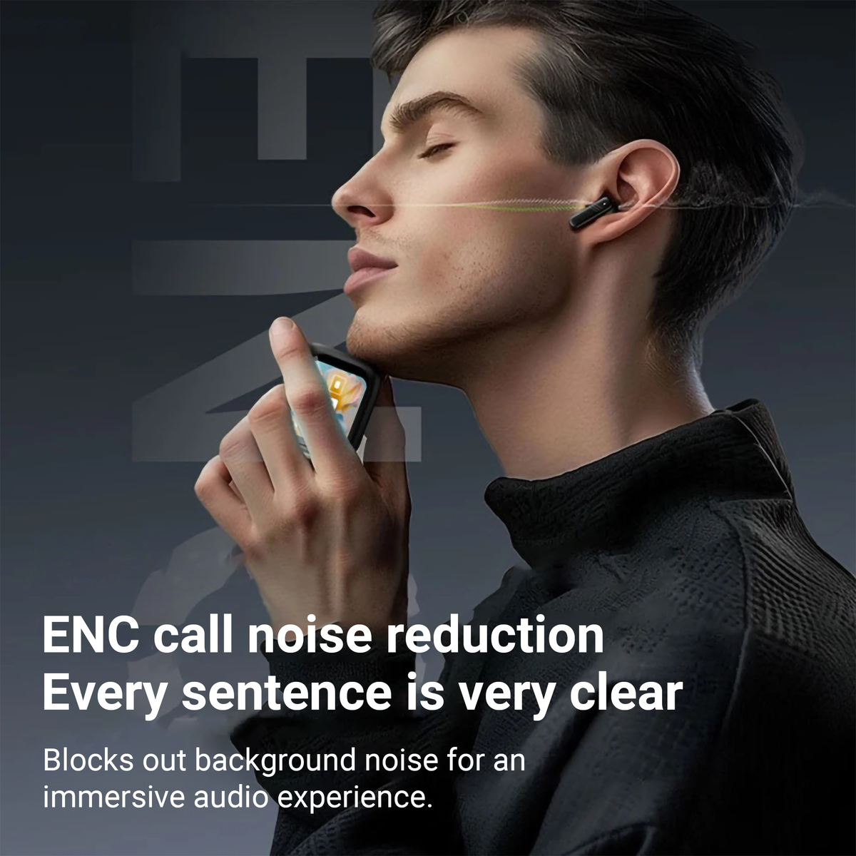 Black in-ear TWS earbuds worn by a person, showing the earbud and stem