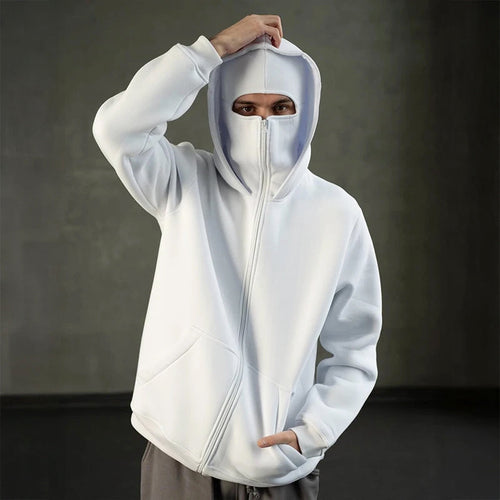 White full-zip face covering hoodie jacket with zip front, hood, kangaroo pockets.