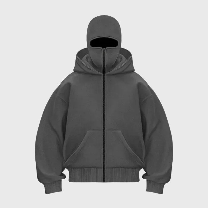 Gray face-covering full-zip hoodie jacket with hood, zip front, kangaroo pockets.