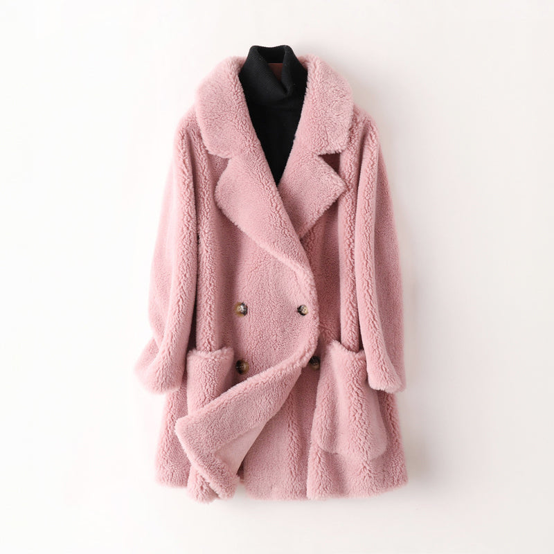Women's plush double-breasted coat in pink with double button row and wide lapels