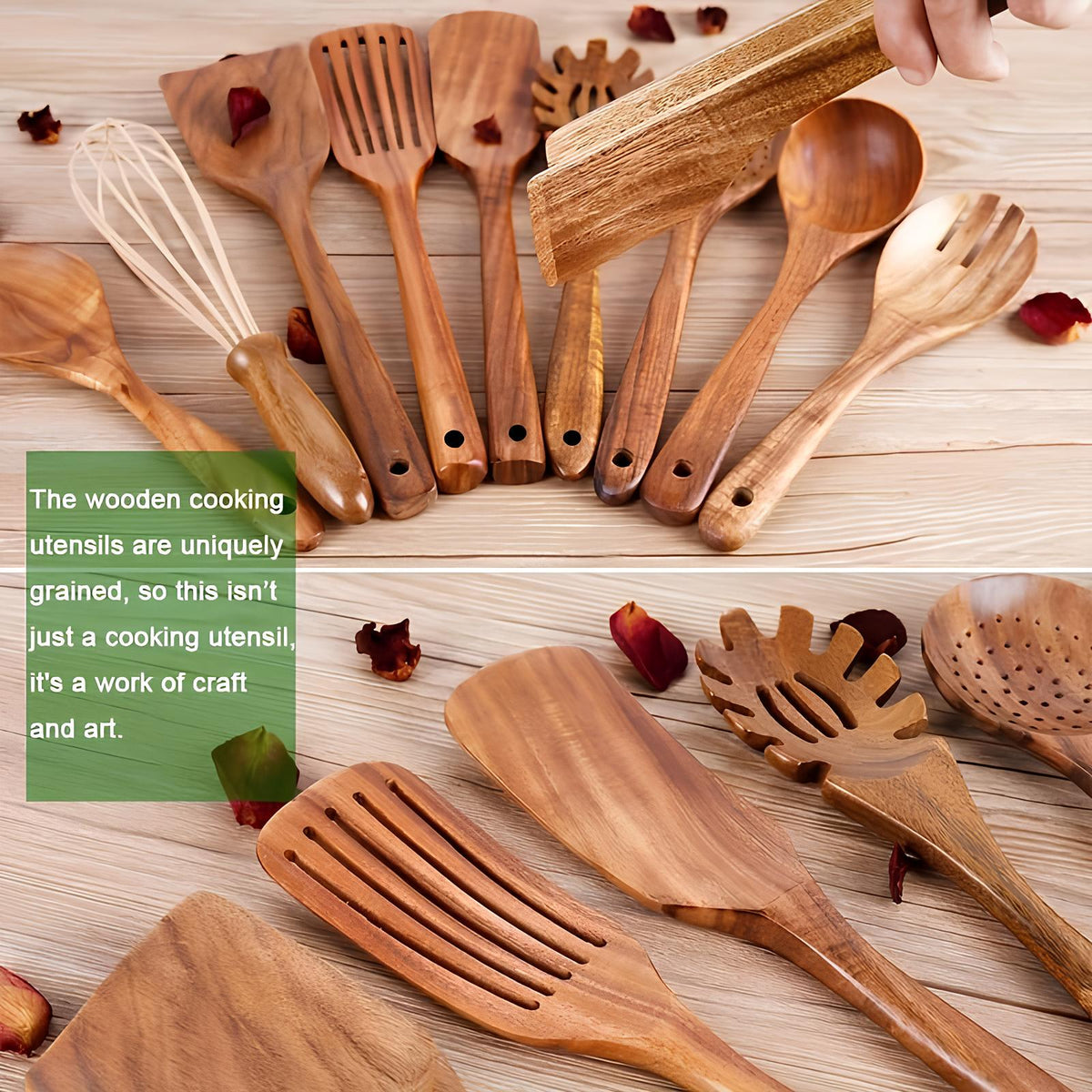 Teak wooden cooking utensil set with spatulas, spoons, and a whisk laid out