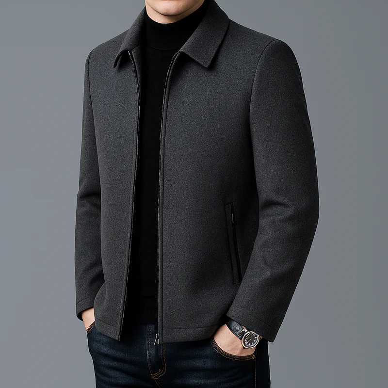 Streamlined minimalist zip jacket, styled front view