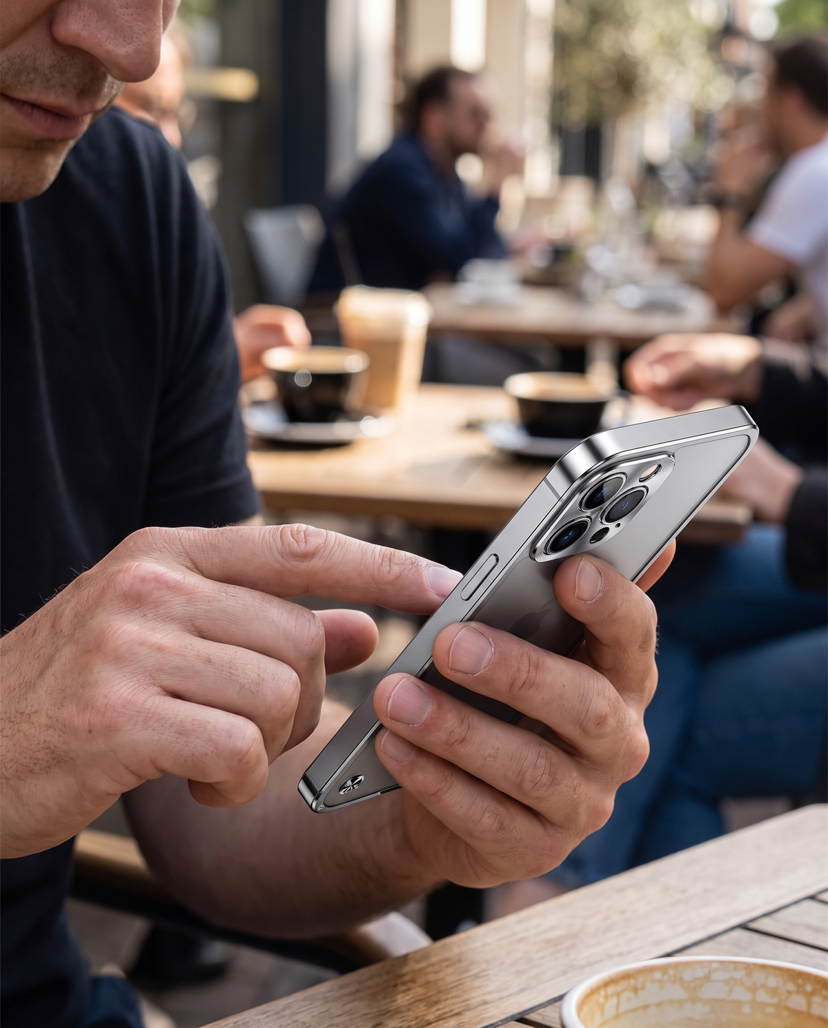 Silver aluminum CNC iPhone case held in hand, showing triple camera cutout