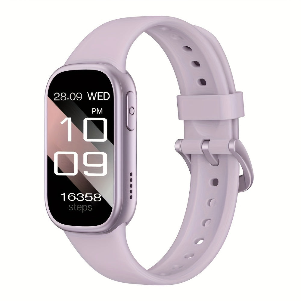 Light purple waterproof smartwatch with silicone band and rectangular touchscreen