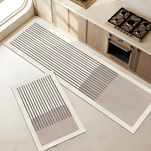 Quick-dry bath mat set with rectangular mats and striped geometric pattern, light gray