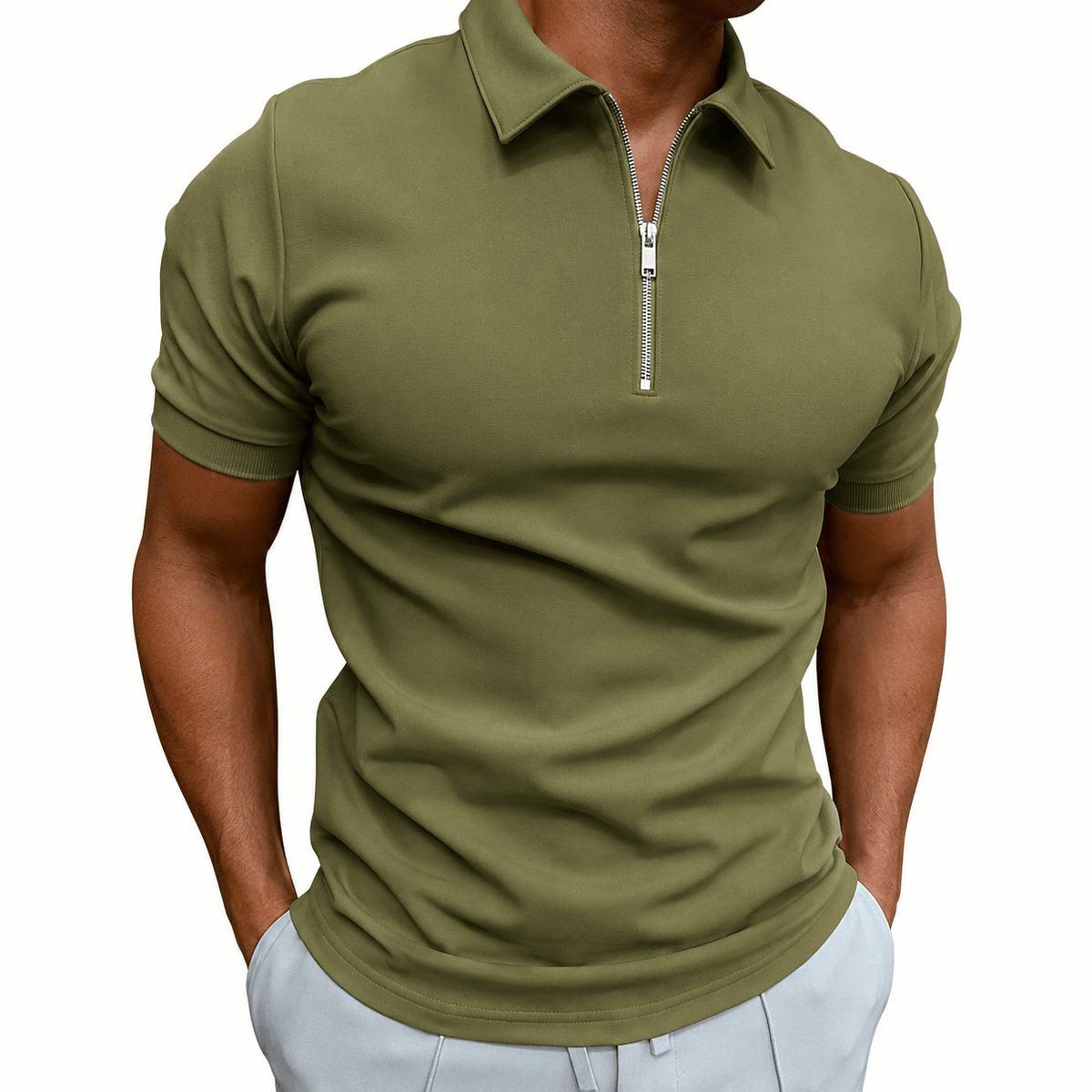 Slim fit half-zip polo, army green front view