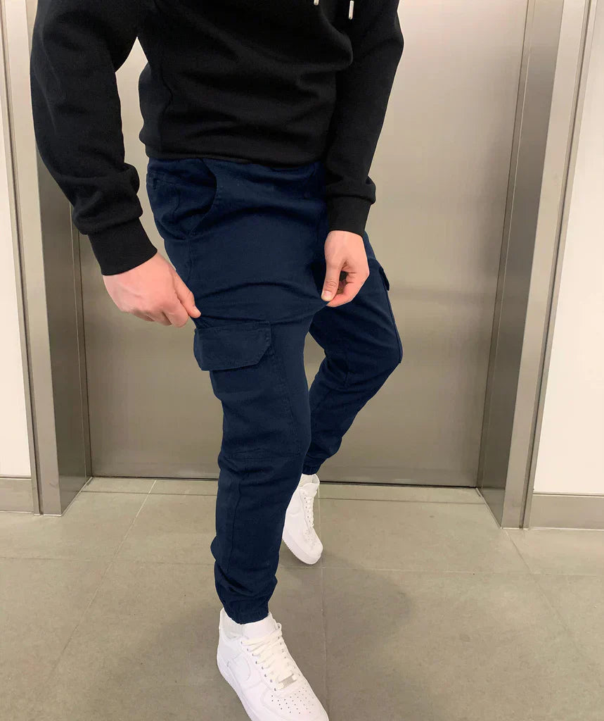Tapered elastic-cuff cargo joggers, close-up detail