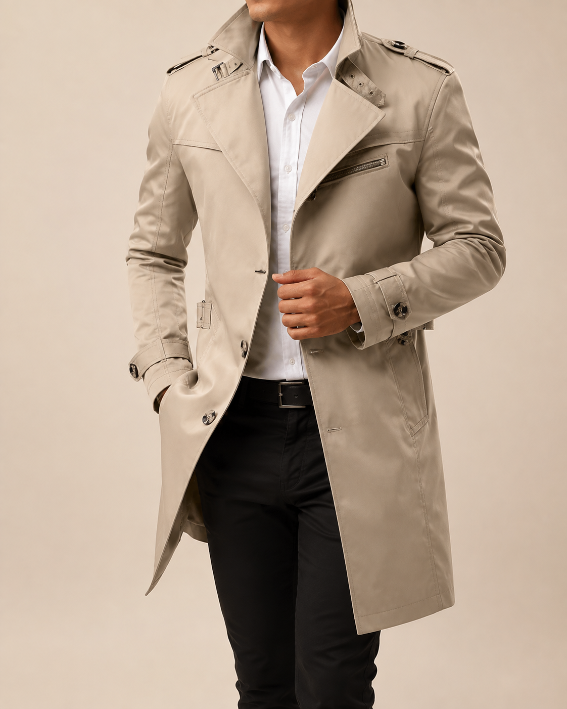 Double-breasted epaulet trench coat, styled front view