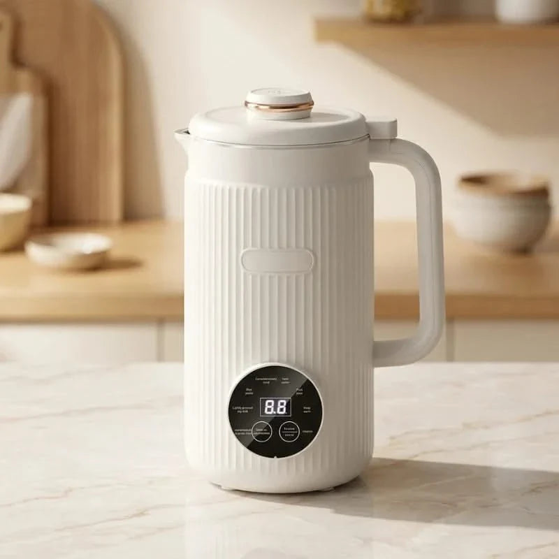 White automatic blender pitcher with handle and digital mode display