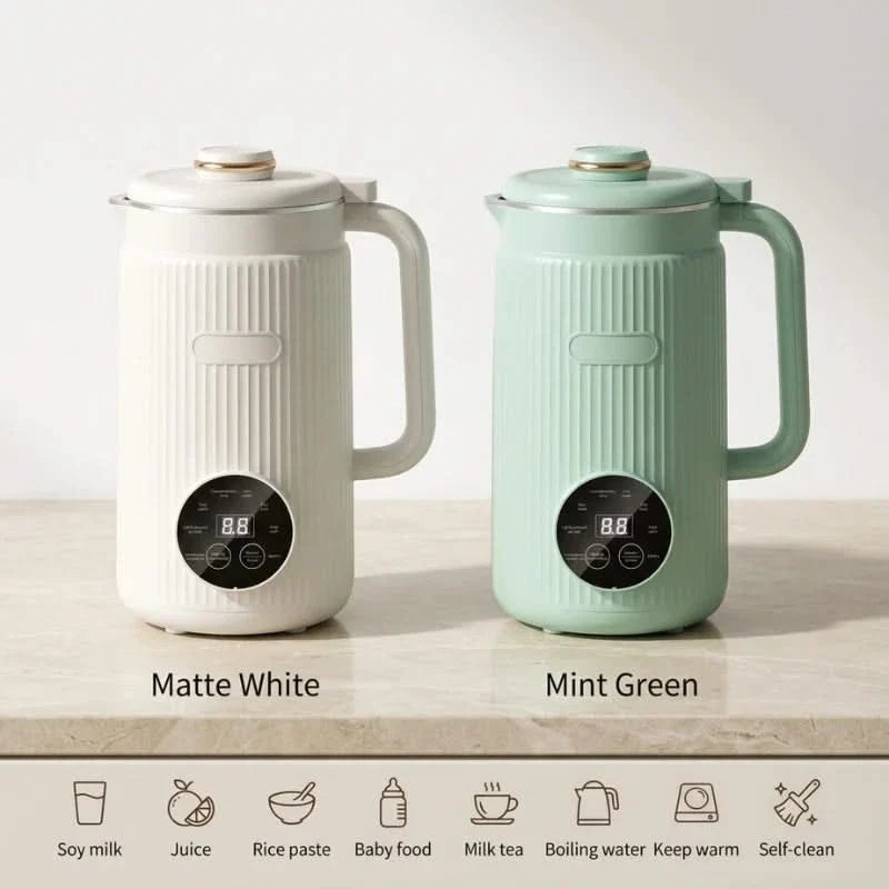 Matte white and mint green automatic blenders, each with digital mode display