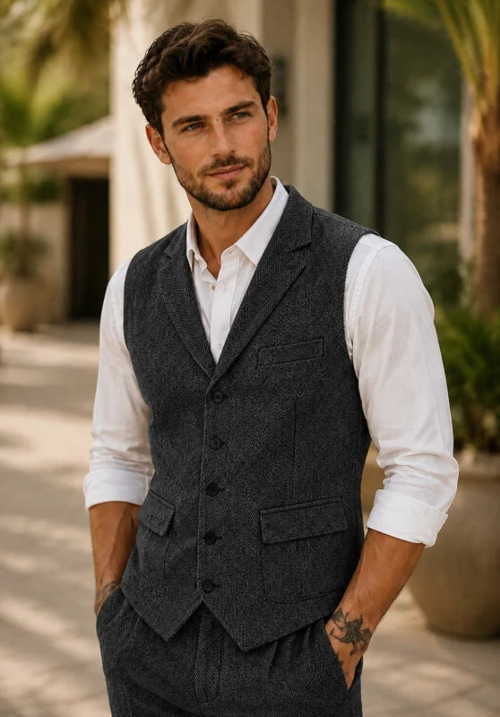 Notch lapel herringbone vest, black color view