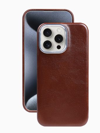 Oil wax leather iPhone case set: dark brown and burgundy, both with camera cutouts
