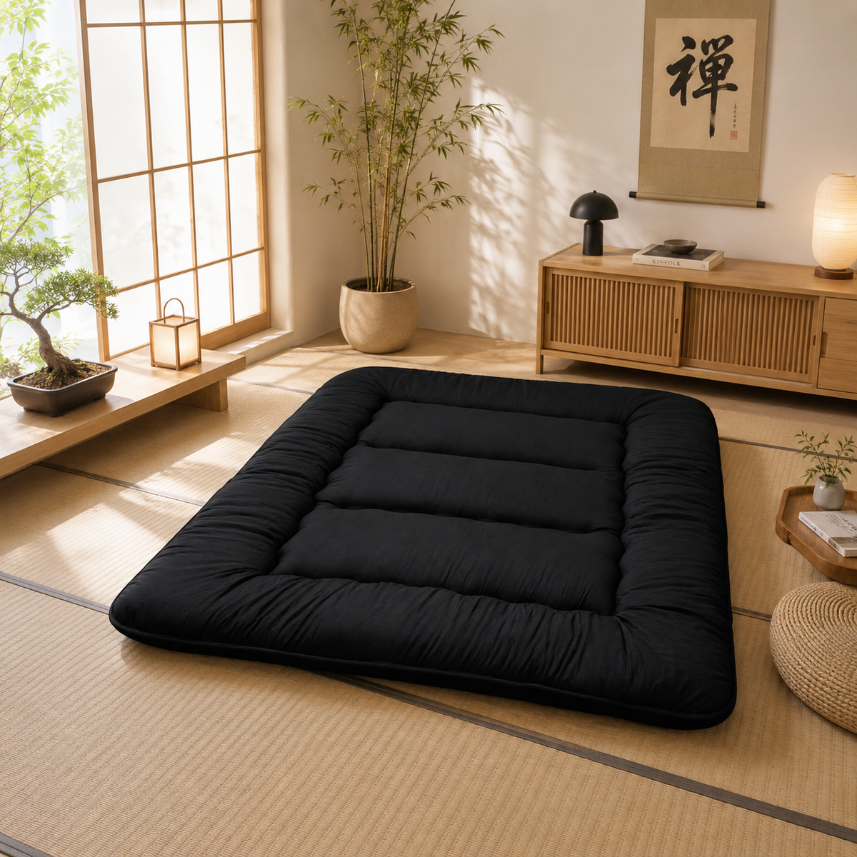 Black foldable floor futon mattress with quilted sections, laid flat on the floor