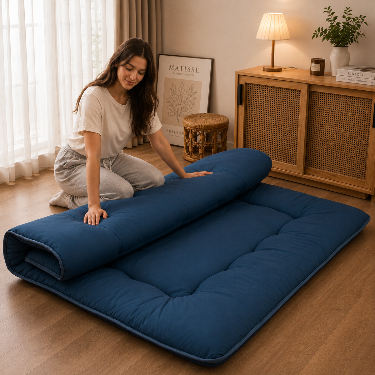 Foldable floor futon mattress, deep blue quilted padded sections