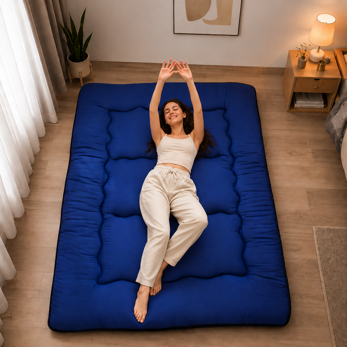 Blue foldable floor futon mattress laid out flat in a room setting